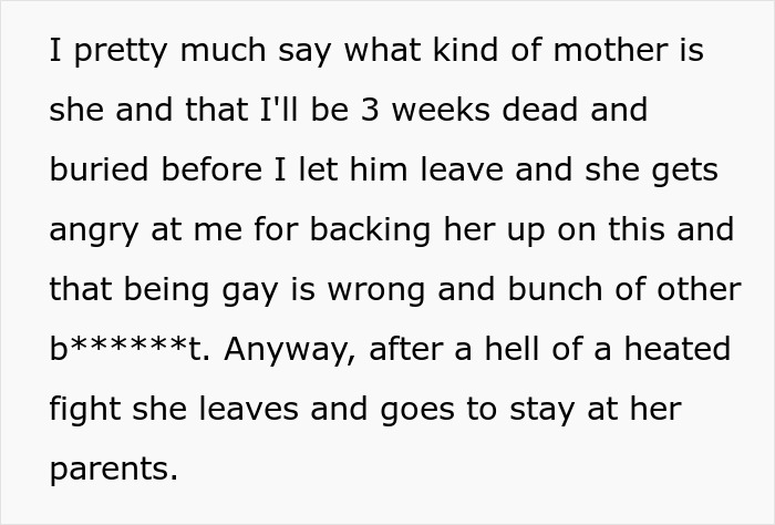 Text excerpt showing a heated family argument where dad supports gay son despite wife&rsquo;s anger and leaving to her parents.