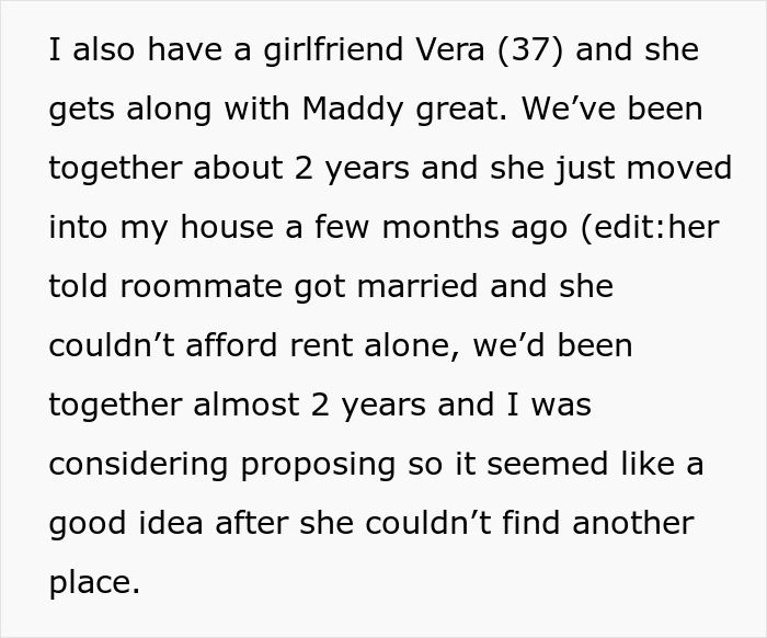Text excerpt about a girlfriend moving in, related to caring dad and pregnant daughter moving back home ultimatum.