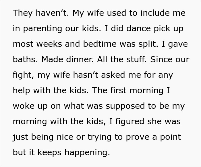 Man telling wife she couldn&rsquo;t do it without him, watching her prove him wrong by handling parenting tasks.