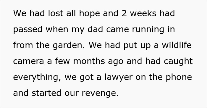 Text excerpt describing a neighbor’s revenge involving a wildlife camera and legal action after tree cutting dispute. Text excerpt describing a neighbor’s revenge involving a wildlife camera and legal action after tree cutting dispute.