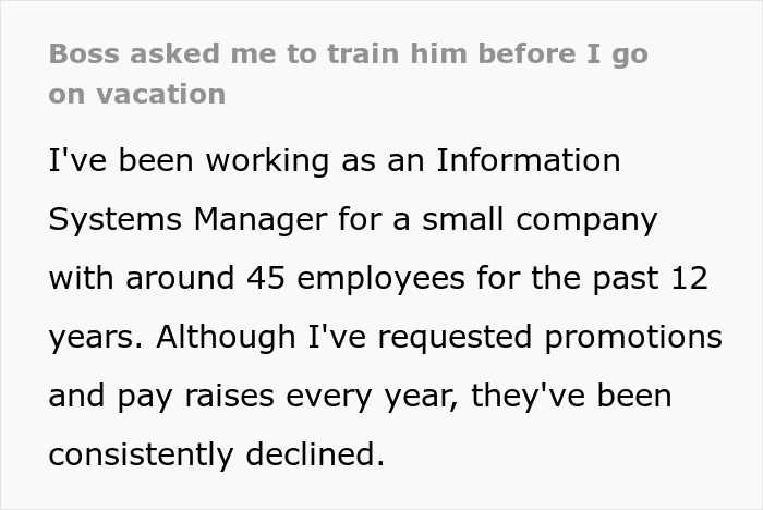 Text excerpt about an Information Systems Manager expected to teach 12 years of knowledge before PTO, responding with two weeks notice.