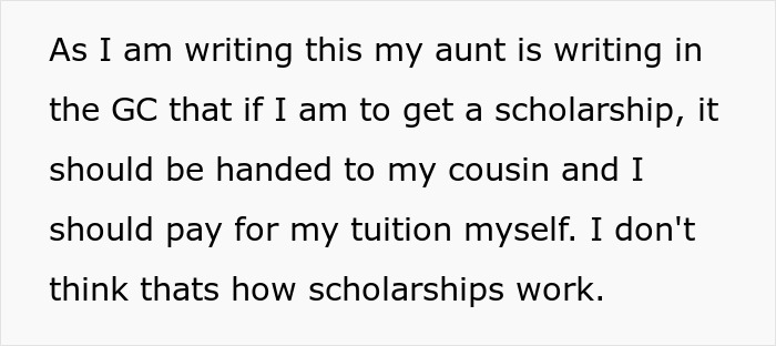 Text message discussing an aunt ignoring nephew until he gets a job and demands his salary fund her son's education.