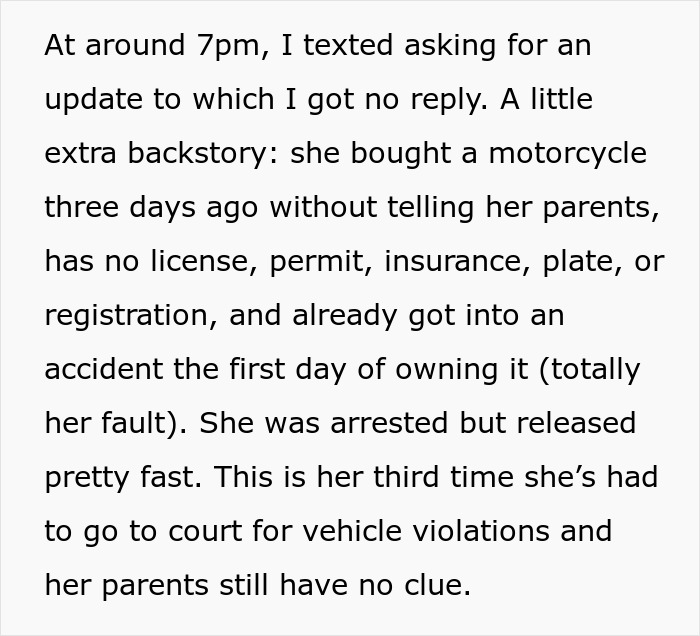 Text excerpt about a teen&rsquo;s motorcycle accident and legal issues, highlighting confusion and concerns from her best friend.