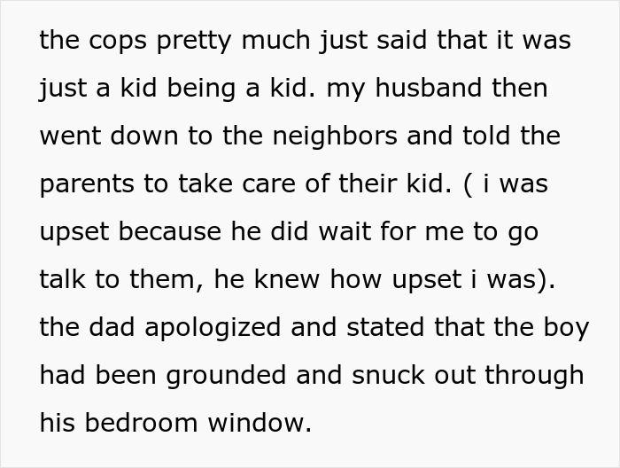 Text excerpt describing a woman upset about neighbor's son sneaking into her home and parents' casual reaction.
