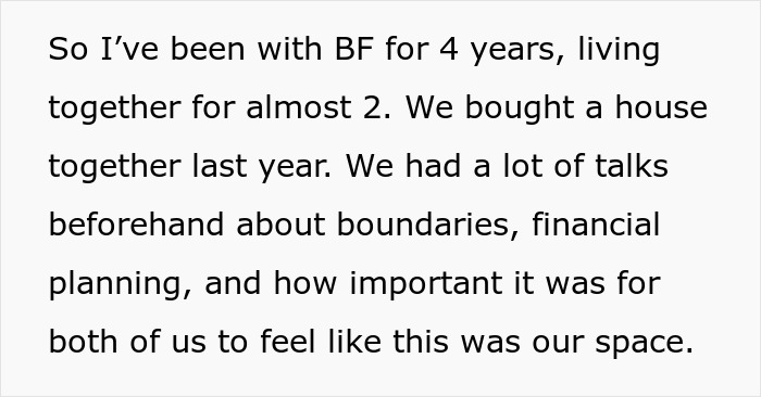 Text excerpt discussing a man secretly inviting his parents to stay and his girlfriend&rsquo;s reaction about boundaries and shared space.