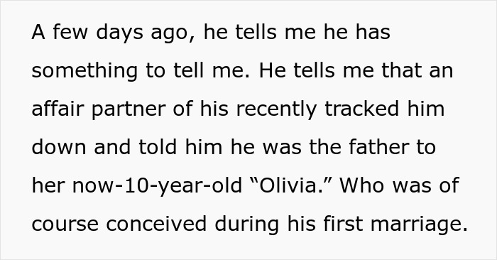 Text describing a man revealing he has a bonus stepdaughter Olivia, causing tension in his quiet family life with two kids.