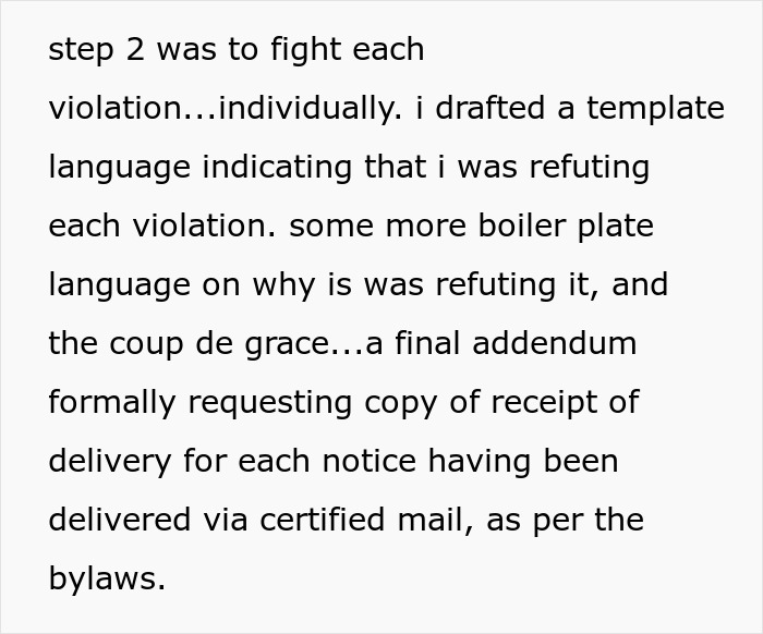 Text excerpt from a man&rsquo;s template fighting each HOA violation with detailed refutations and certified mail requests.