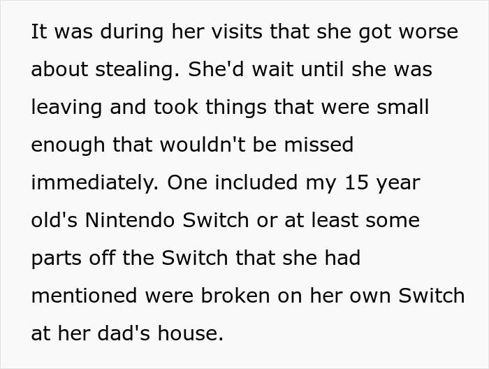 Text discussing worsening stealing behavior during visits, involving a Nintendo Switch, related to man leaving marriage over living arrangements.