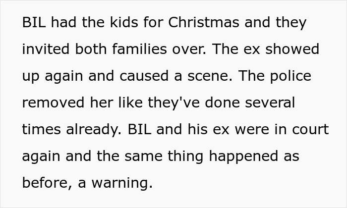 Text describing a family event disrupted by BIL’s nightmare ex causing trouble and police intervention for a warning. - 9