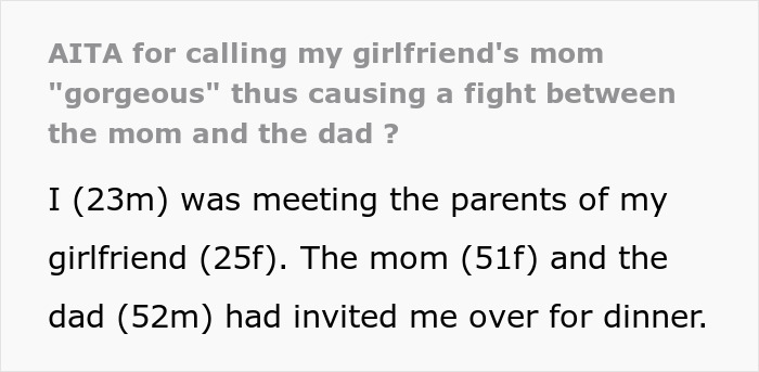 Text excerpt about a man calling his girlfriend's mom gorgeous, sparking a fight between the parents over inappropriate behavior.