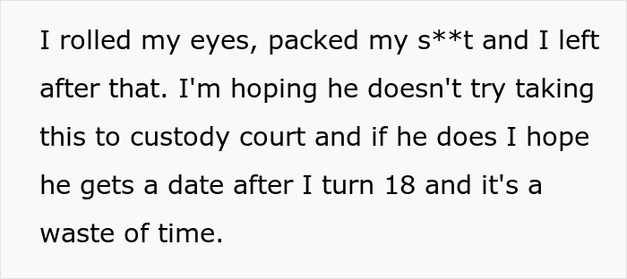 Text excerpt showing a teen describing escaping dad&rsquo;s babysitting trap and refusing to watch fianc&eacute;e&rsquo;s kids.