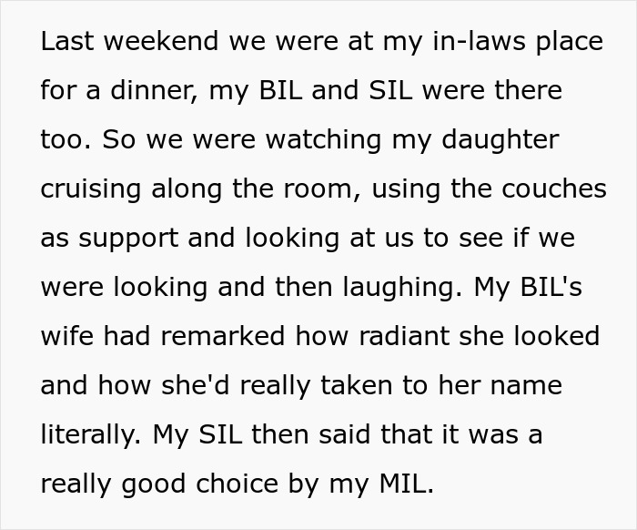 Text excerpt about a woman correcting her mother-in-law who claimed credit for the baby&rsquo;s name choice.