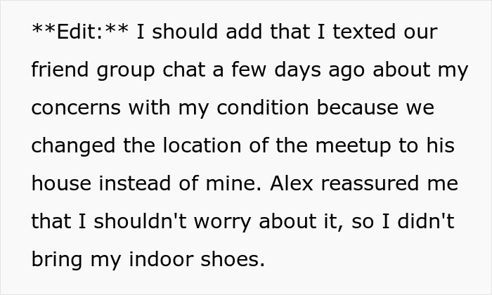 Text showing a friend explaining concerns about a medical condition affecting shoe removal in a friend&rsquo;s house meetup.