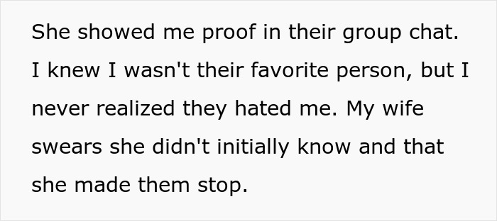 Text excerpt showing a man learning his wife’s family secretly cyber-bullied him and causing family conflict. - 32