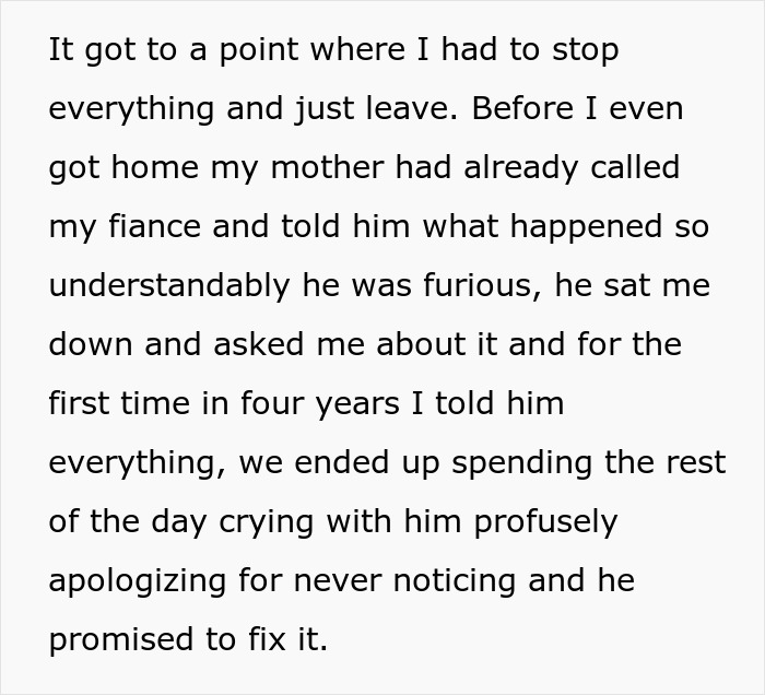 Text excerpt about a fiance and emotional conversation, highlighting fiance-sister-invite-wedding relationship tension.