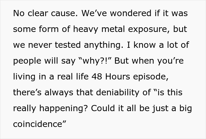 Text excerpt about a woman suspecting her mother-in-law of poisoning, fearing pregnancy may change contact. Text excerpt about a woman suspecting her mother-in-law of poisoning, fearing pregnancy may change contact.