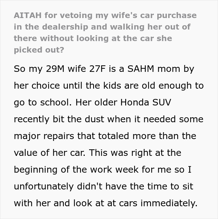 Husband drags wife out of dealership before she can show him the car she wants during their car purchase visit.