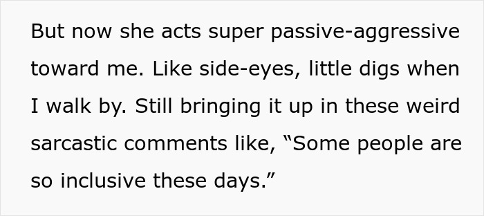 Text excerpt describing passive-aggressive behavior following a coworker not invited to a wedding, reported to HR.