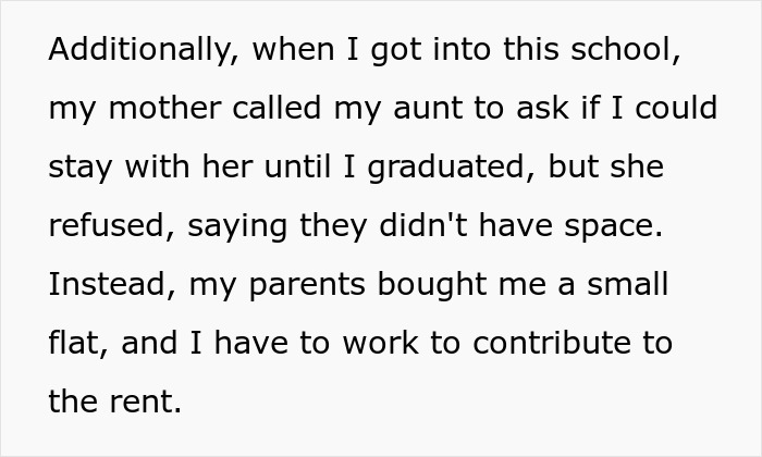 Text excerpt describing aunt refusing nephew to stay, forcing him to work and contribute rent after getting a job and a flat.