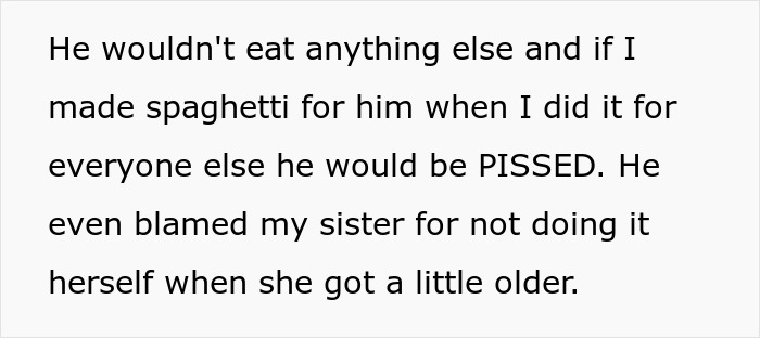 Text excerpt about sibling and mom relationship, describing food preferences and family dynamics involving sister and mom.