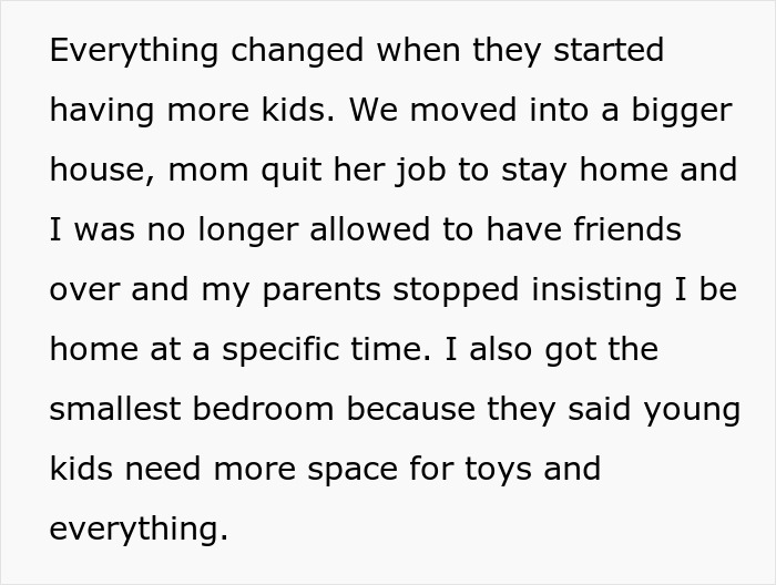 Text excerpt about parents obsessed with having kids forcing older son to babysit siblings and restrictions on his social life.