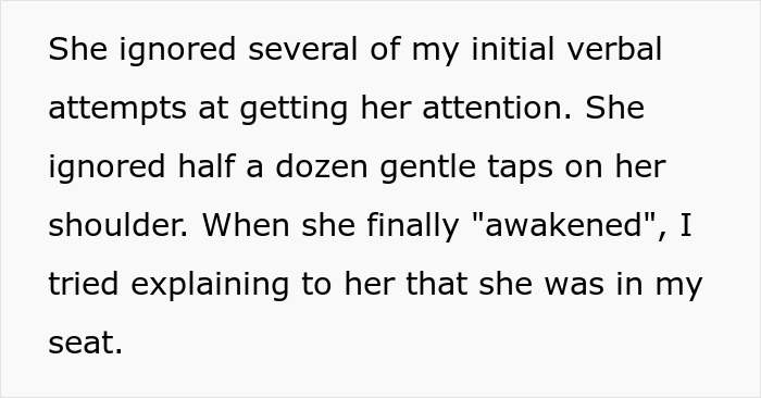 Woman pretends to be asleep in passenger's aisle seat and refuses to move despite requests on a crowded plane. Woman pretends to be asleep in passenger's aisle seat and refuses to move despite requests on a crowded plane.