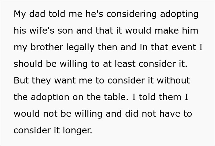 Text post about a lady refusing to be future caregiver for her autistic stepbrother without adoption being finalized.