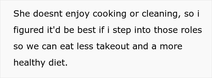 Text post explaining a man deciding to take on cooking and cleaning roles to support his wife as a stay-at-home mom.
