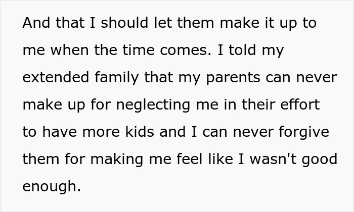 Alt text: Text about parents neglecting their first child while wanting more kids and the lasting emotional impact on the child. - 19