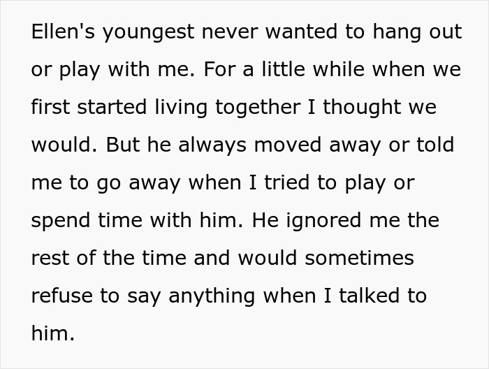 Text describing stepsiblings rejecting and 20YO refusing to attend family dinner after years of being ignored.