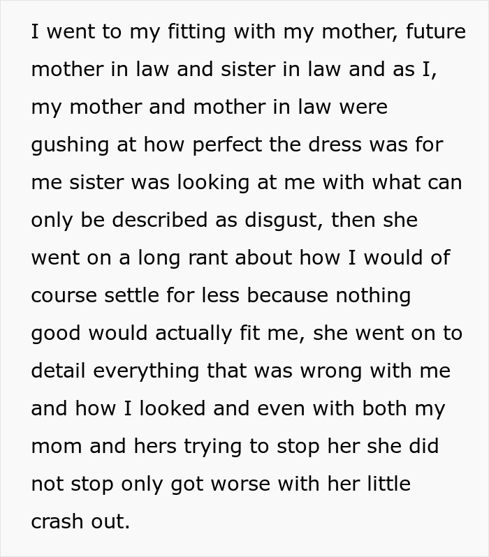 Bride at wedding dress fitting with mother, future mother-in-law, and fiance's sister showing strong negative emotions.
