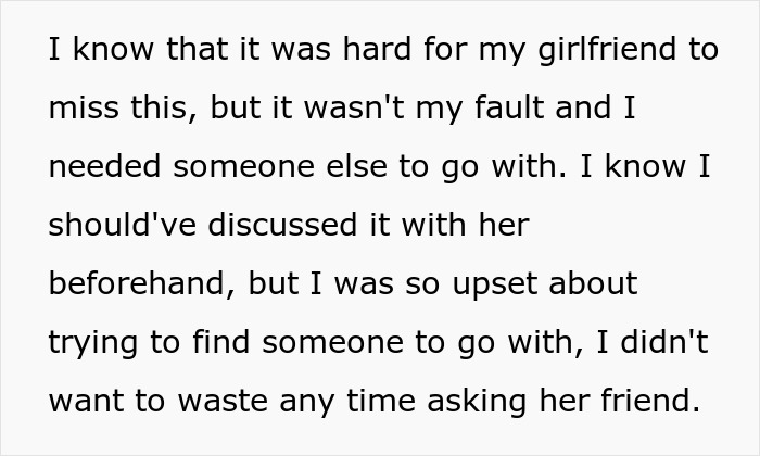 Text excerpt about boyfriend inviting girlfriend's bestie after she cancels dream vacation due to work commitments.