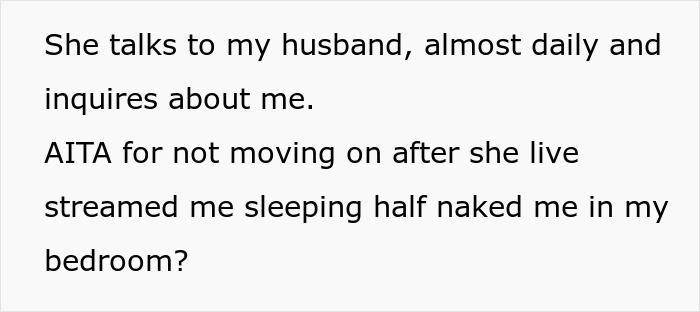 Text excerpt discussing not moving on after MIL live streaming sleeping moments to relatives in a personal conflict. Text excerpt discussing not moving on after MIL live streaming sleeping moments to relatives in a personal conflict.