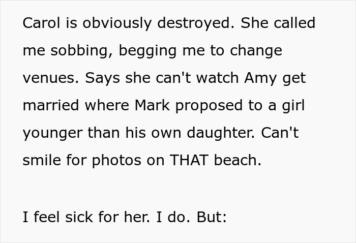 Text excerpt describing a woman refusing to cancel her daughter&rsquo;s dream wedding venue despite family conflict over sister&rsquo;s cheating ex.