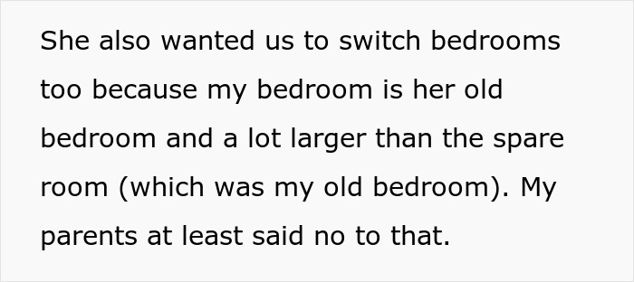 Text showing a conversation about switching bedrooms and parents saying no to the request in a family dispute.