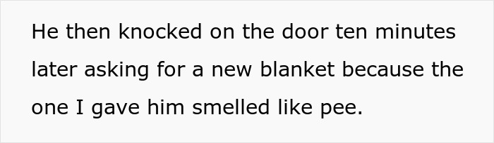 Text excerpt about a man who wets the bed and asks for a new blanket after the first one smelled like pee.