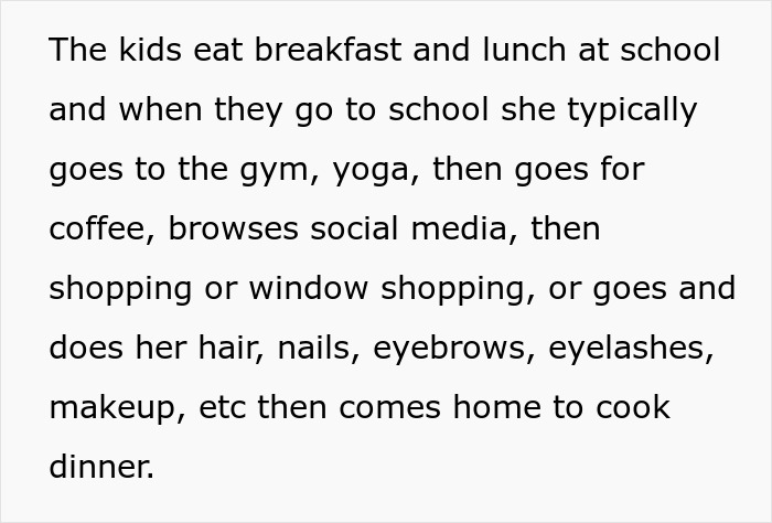 Text describing a stay-at-home mom&rsquo;s daily routine with teens, highlighting lack of chores and job complaints.