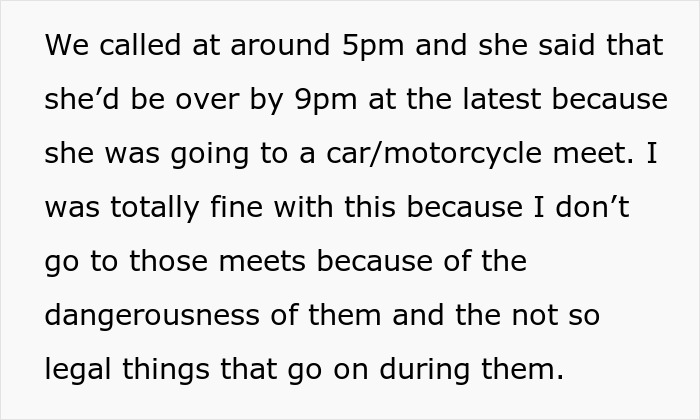 Text excerpt describing a teen discussing plans to attend a car and motorcycle meet, highlighting concerns about its dangers.
