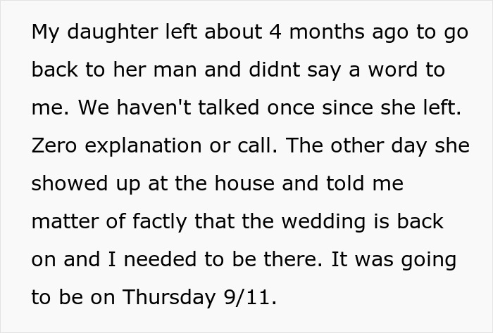 Text excerpt from a man explaining his daughter&rsquo;s failed wedding and his decision to skip the real one to hang out with pals.