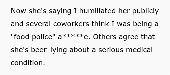 Text discussing a worker calling out gluten-free colleague at a pizza party, causing tension among coworkers. Text discussing a worker calling out gluten-free colleague at a pizza party, causing tension among coworkers.