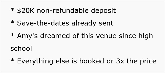 List showing $20K non-refundable deposit and booked wedding venues with saved dates for a dream wedding venue.