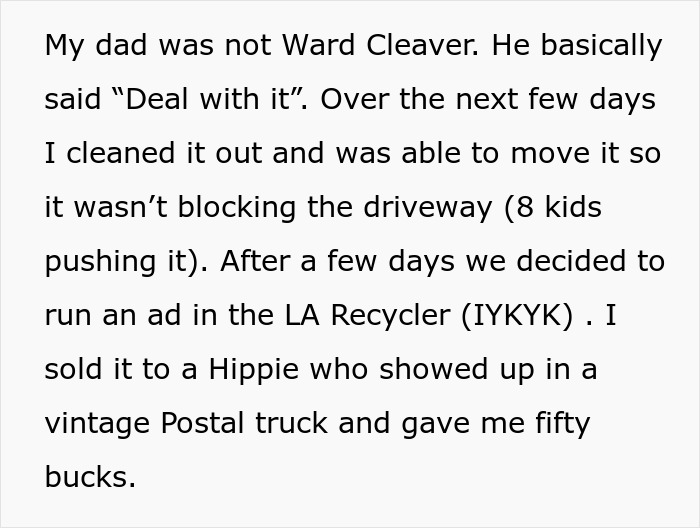 Text describing a dad handling a driveway obstacle and selling an item after running an ad in the LA Recycler newspaper.
