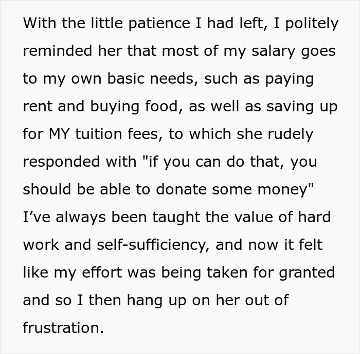 Nephew explains salary covers basic needs and tuition as aunt insists his job funds her son&rsquo;s education expenses.