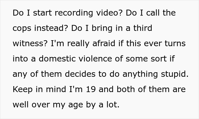Text discussing concerns about recording, calling cops, and fear of domestic violence involving a friend who breaks into house.