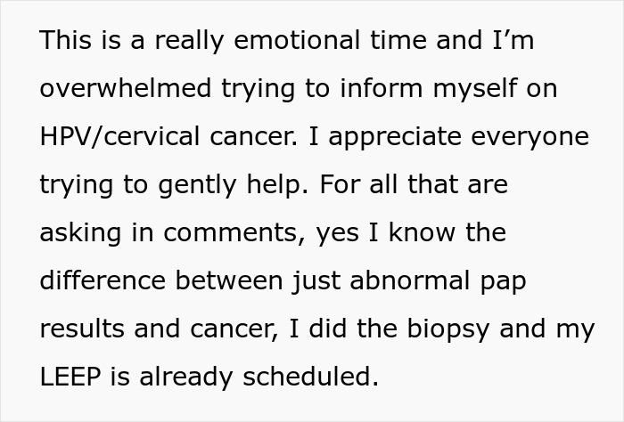 Woman overwhelmed learning about HPV and cervical cancer, expressing emotions and discussing biopsy and LEEP procedure.