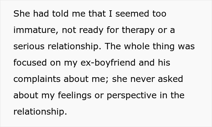 Text excerpt describing a couple's therapist neglecting a woman's perspective, impacting her mental health and relationships.