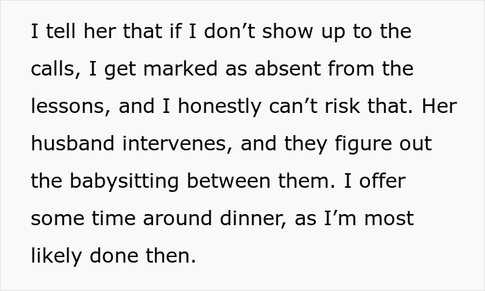 Text excerpt discussing a woman insisting on attending school calls and arranging babysitting to avoid being marked absent.