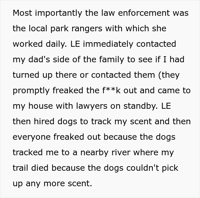 Text excerpt describing law enforcement and park rangers tracking a missing person with dogs near a river, involving family and lawyers. - 10