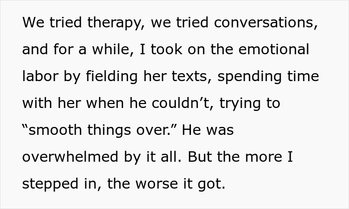 Text excerpt about emotional labor and strained relations, illustrating a woman convinced her MIL was poisoning her emotions and ending contact. Text excerpt about emotional labor and strained relations, illustrating a woman convinced her MIL was poisoning her emotions and ending contact.