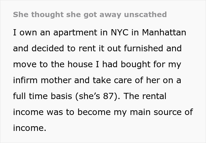 Text excerpt describing a woman quitting rent payment and damaging an apartment, landlord's website defaming her in retaliation.